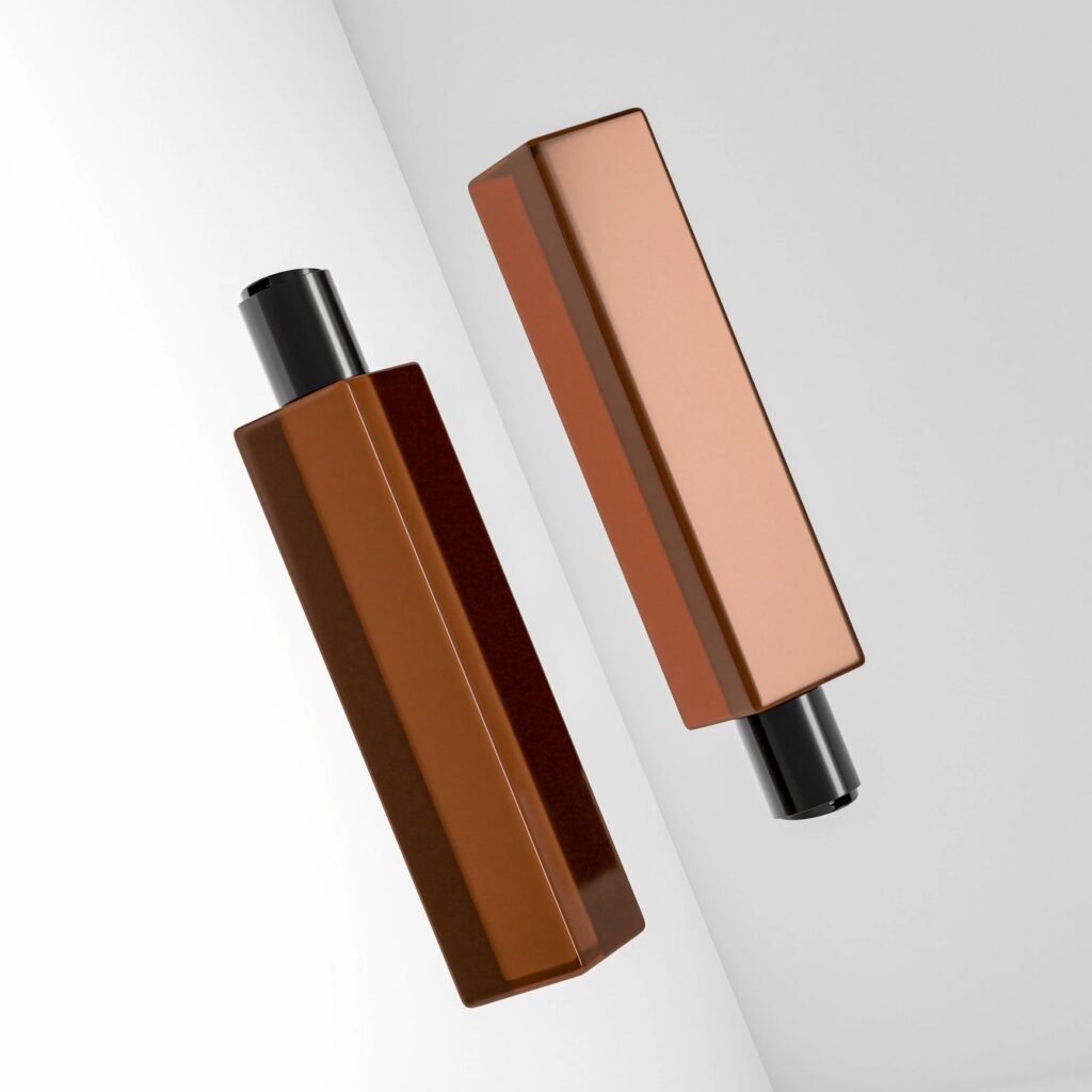 Brown amber glass cosmetic bottle with disk top flip cap mockup, flat disk cap squeeze bottle packaging, square skincare container, rectangular shape squeeze bottle, cubic shape bottle